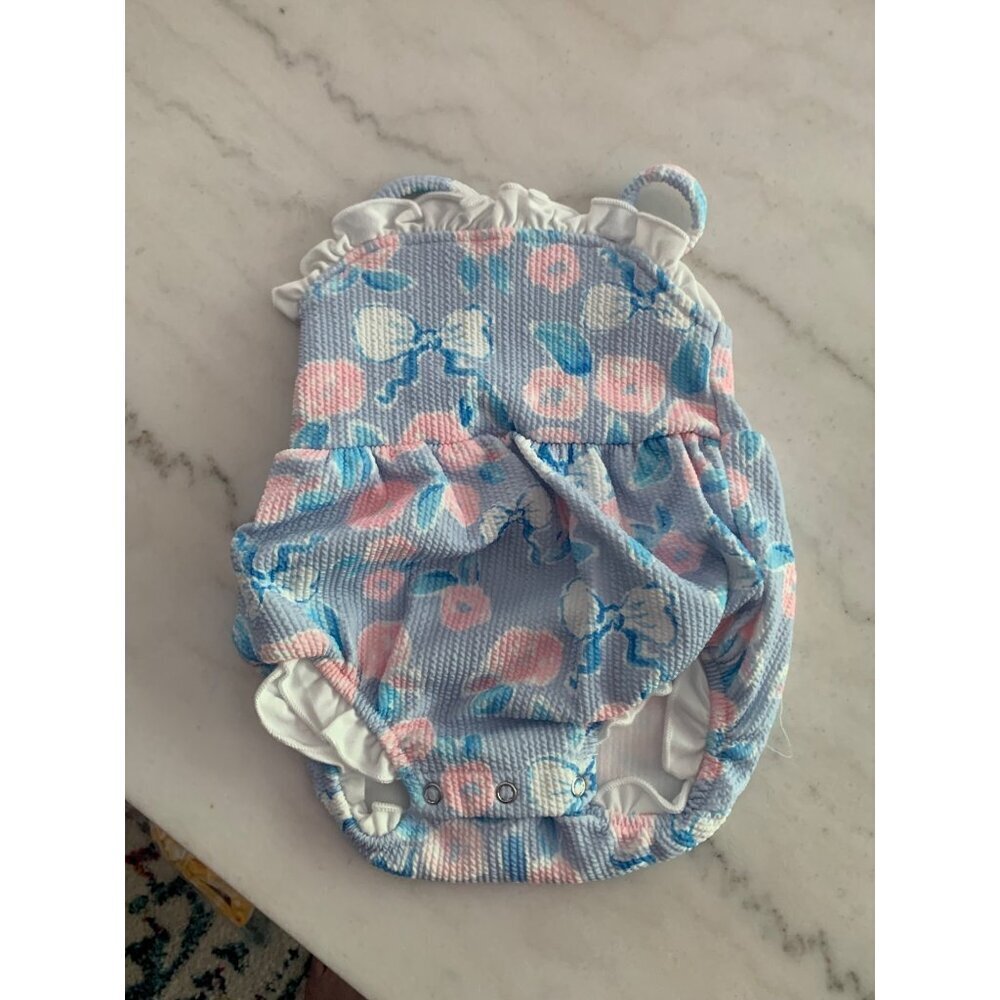 Baby Girls Floral Sleeveless Romper With Ruffle Details Snap Closure Blue & Pink
